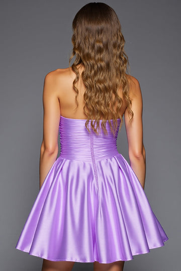 Purple A Line Ruffled Strapless Short Prom Dress with 3D Flowers